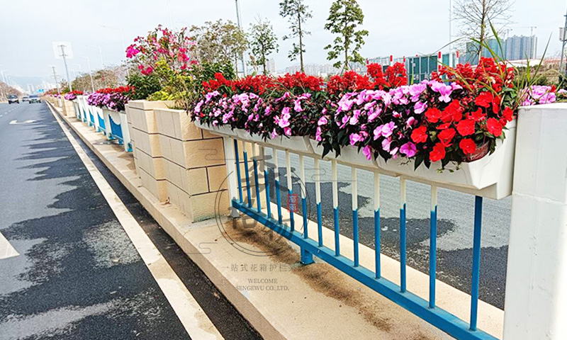 扬州道路传统护栏加装马鞍花盆绿化案例